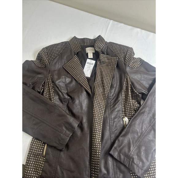 Chico's Gold Studded Faux Leather Brown Cocoa Bean Jacket Sz 0 Small (4/6) NWT - Picture 1 of 7